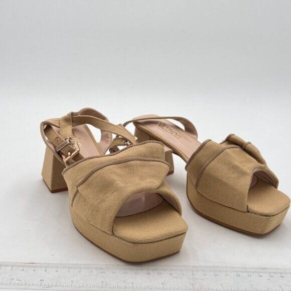 Pazzion Khaki Platform Square Toe Pleated Ruffle Chunky High Heels Strap Sandal - Picture 4 of 8